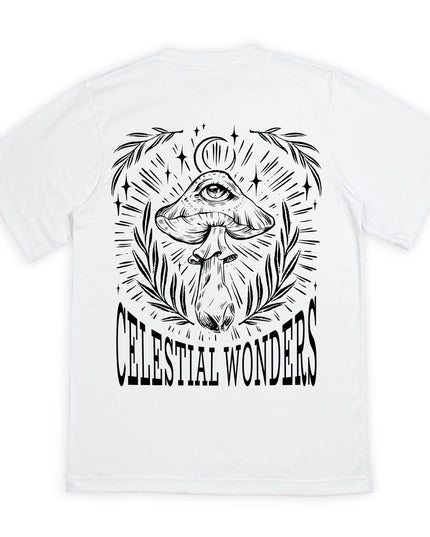 Celestial Wonders Mushroom Psychedelic White Graphic Tee